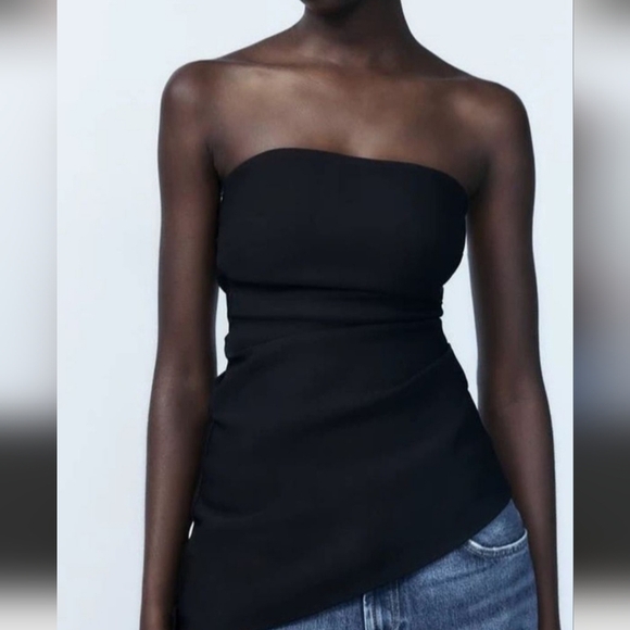 Zara Tops - Zara Draped Strapless Asymmetric Top| Sculpted Waist|Minimalist Black Tube Top.S